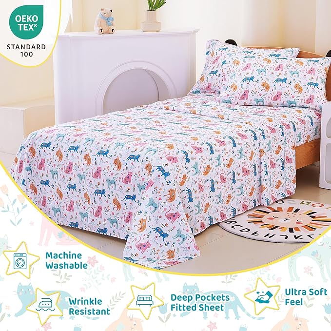 Viviland 4 Pieces Girls Pink Cat Full Sheet Set - Soft Microfiber Fitted Flat Sheets & Pillowcase - Kids Colorful Floral Leaf Print Bedding Sets - for Kids & Toddlers