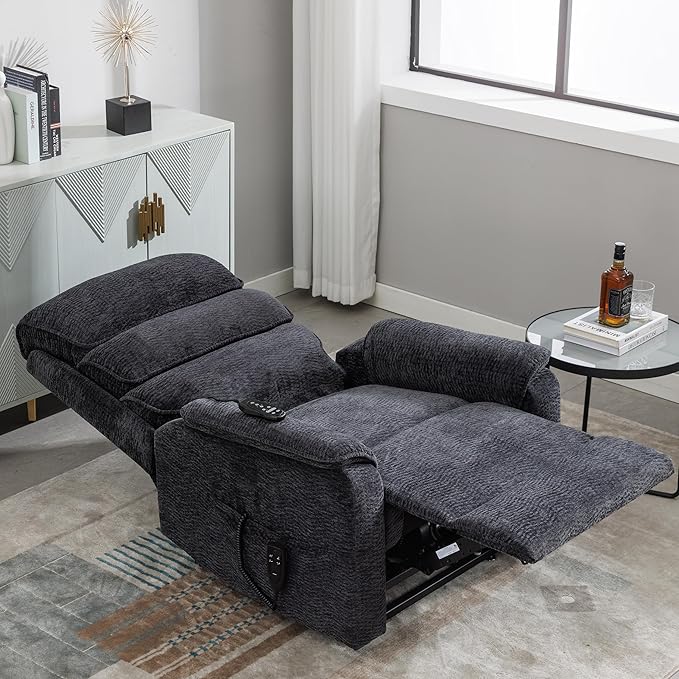 Lay Flat Lift Chair with Heat and Massage, Dual Motor Recliner, Infinite Position, Up to 350 LBS, Dark Grey, Chenille Fabric