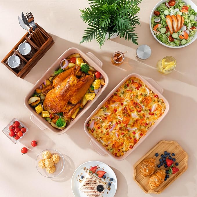 MALACASA 4.8 Qt Ceramic Oven Dish with Handles, 9 x 13 Inch Baking Dish Casserole Dishes, Deep Rectangular Lasagne Dishes Bakeware for Roasting (Khaki & Pink), Series TARA