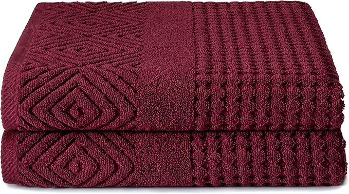 Texere 100% Organic Cotton Diamond Jacquard 700 GSM Luxury Bath Towel Sets - Ultra Soft and Absorbent Hotel and Spa Quality (Diamond, Merlot, 2 Bath Towels)