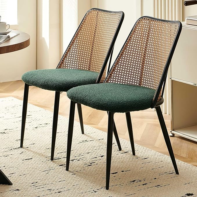 Rattan Chairs Green Set of 2, Woven Cane Dining Chairs Upholstered Boucle Stylish Cozy Kitchen Accent Chairs Armless
