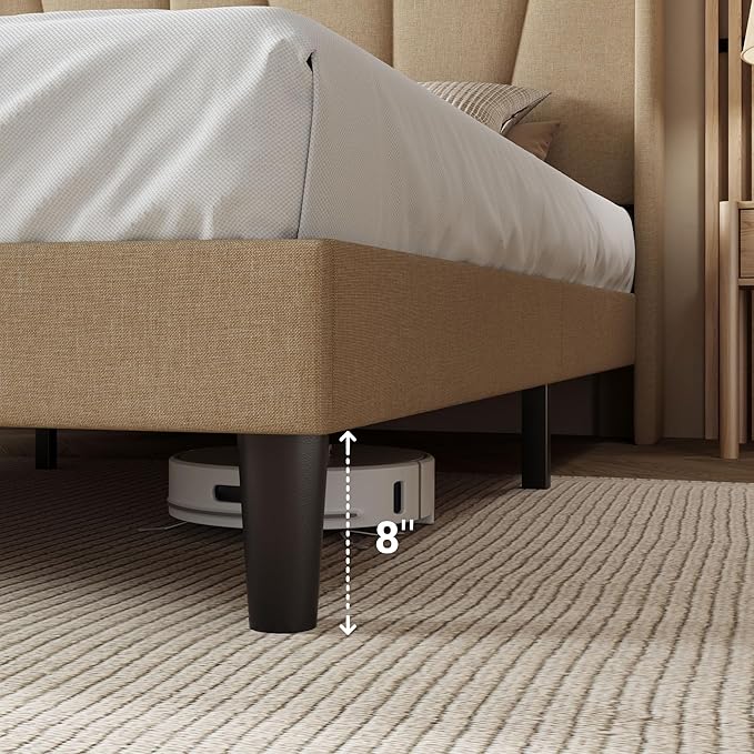 Allewie Queen Size Platform Bed Frame with Geometric Wingback Headboard, Modern Upholstered Bed with Wooden Slats Support, No Box Spring Needed, Easy Assembly, Beige