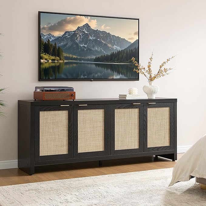 SICOTAS TV Stand for Living Room Boho Entertainment Center for Bedroom with 4 Rattan Cabinets Farmhouse Television Stands with Storage Large Media Console Table for TVs up to 45 50 55 60 65 Inch