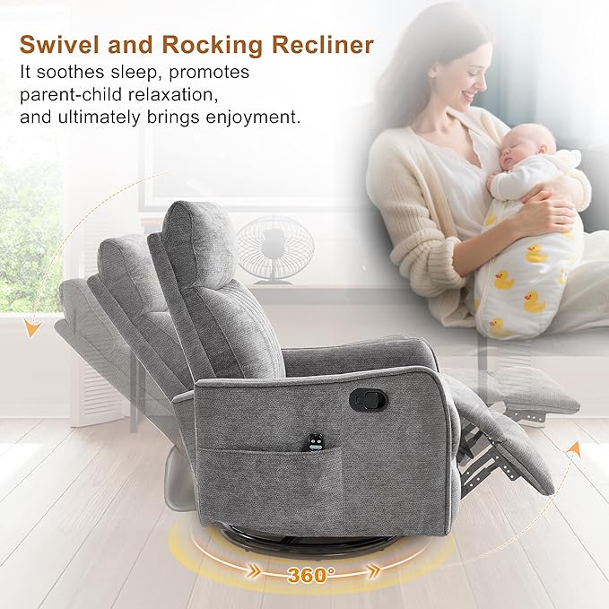 Manual Swivel Rocker Recliner Chair for Adults, Overstuffed Recliner Glider with Massage and Heat, Living Room Reclining Chair, Fabric Dark Gray
