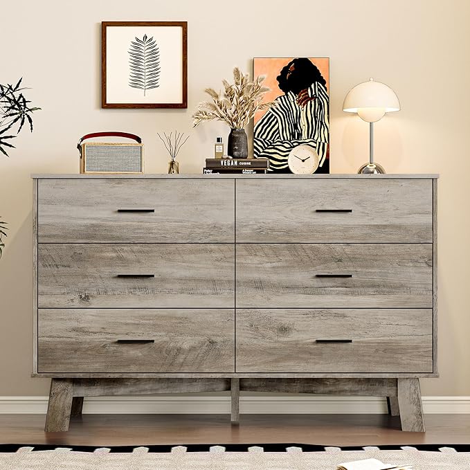 Dresser for Bedroom with 6-Drawer, 47.2" Modern Chest of Drawers with Metal Handles, X-Shape Base & Adjustable Center Leg, Anti-Tip Closet Organizers and Storage
