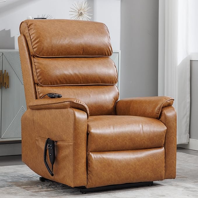 Lay Flat Lift Chair with Heat and Massage, Dual Motor Recliner with Infinite Position, Up to 350 LBS Electric Power Lift, Yellow Brown Leather Recliner