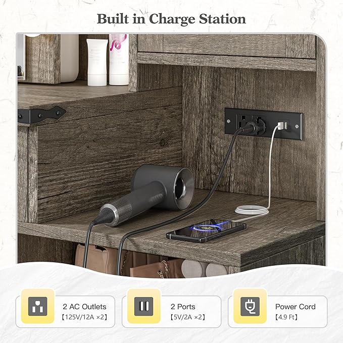 EnHomee 47.2" Farmhouse Makeup Vanity Desk with Sliding HD Mirror and Lights, Vanity Table with 4 Drawers & RGB Cabinets, Modern Lighted Vanity Table for Bedroom, Light Rustic Oak