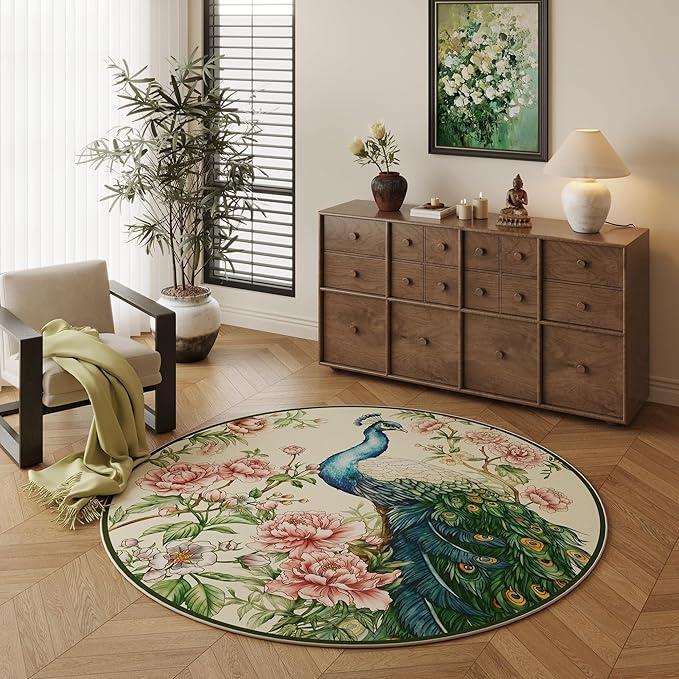 Round Rug 4ft Washable Circle Rug Non Slip Low Pile Floral Peacock Animal Small Circular Rug for Bedroom, Bathroom, Entryway, Kids Room, Office, College Dorm (Beige)