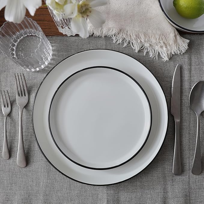 Famiware Saturn Dinnerware Sets, Plates and Bowls Sets for 4, 12 Pieces Stoneware Dish Set - Chip and Scratch Resistant, Microwave and Dishwasher Safe Tableware Set, White with Rim