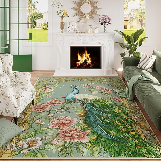 Living Room Rug 5x7 Rug Machine Washable Floral Peacock Animal Area Rug Non Slip Vintage Low Pile Large Rugs for Living Room, Bedroom, Farmhouse, Dining Room, Kids Playroom (Mint Turquoise)