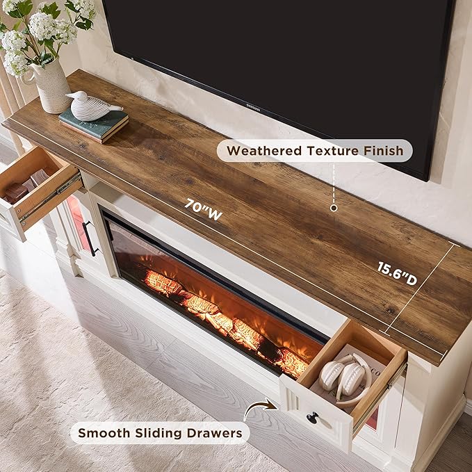 OKD Fireplace TV Stand for 80 Inch TV - Farmhouse Entertainment Center with 42" Electric Fireplace & LED Lights, Wood Media Console with Storage Drawers & Cabinets for Living Room, Antique White