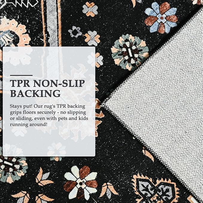 Living Room Rug 6x9 Rug, Machine Washable Area Rug Non Slip Low Pile Rug for Living Room, Bedroom, Farmhouse, Dining Room, Black