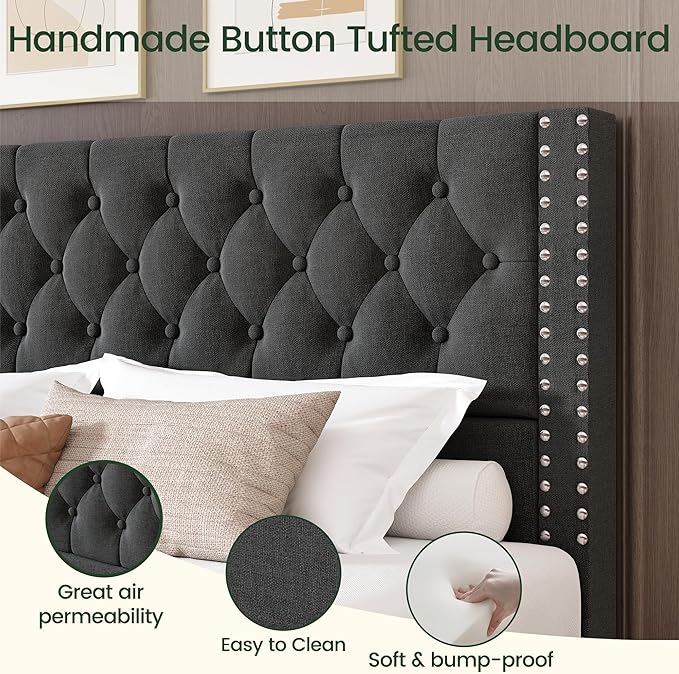 King Size Bed Frame with 4 Storage Drawers and Tufted Headboard Linen Upholstered Platform Bed Frame with Heavy Duty Wood Slats, No Box Spring Needed, Easy Assembly, Grey