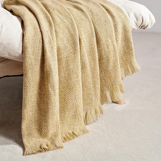 BOURINA Faux Cashmere Fringe Throw Blanket Decorative Lightweight Throw Soft Cozy for Bed or Sofa Outdoor Blanket, 50" x 70" Yellow