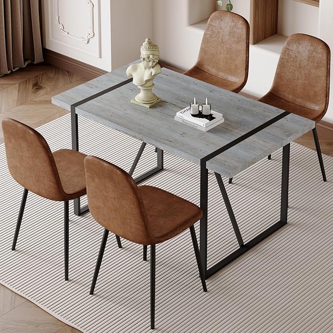 Dining Table Chairs Set for 4, Modern Rectangular Dining Room Table Set Upholstered Dining Chairs 55" Dinner Table Set for Kitchen (Grey Table & Brown1 Chairs, 55 inch Table + 4 Chairs)