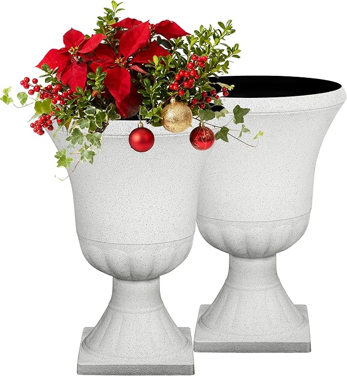 22" Urn Planters Outdoor Planter for Plants Set of 2 Timeless Plastic Large Flower Pot with Drainage Hole Terrazzo White Garden Pots for Porch, Patio Christmas Decor