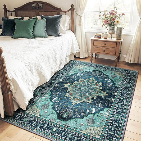 Area Rugs 4'x6' Washable Non-Slip, Floral Vintage Distress Print Pattern Medallion Carpet for Living Room Bedroom Dining Room, Teal Green Lake Blue Turquoise