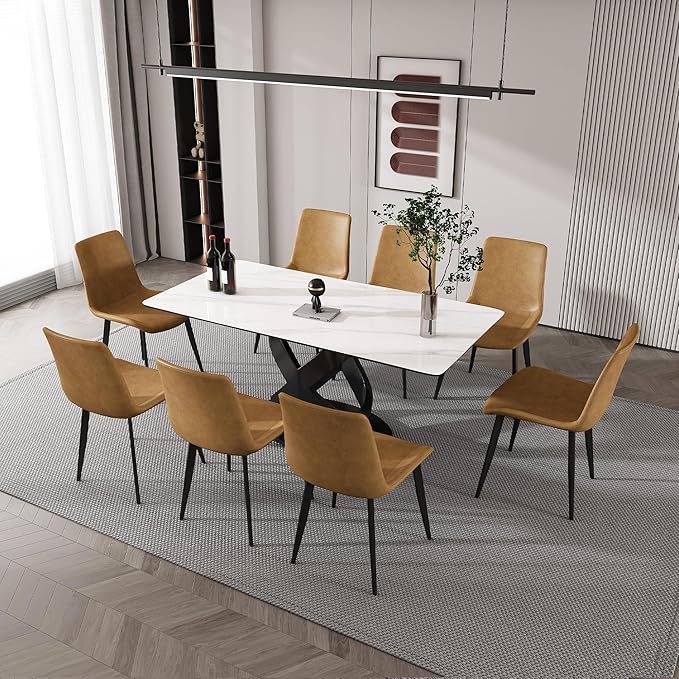 71" Modern Marble Dining Table with 8 Chairs, Sintered Stone Top for Kitchen, Dining Room, Dinette, Space Saving Design