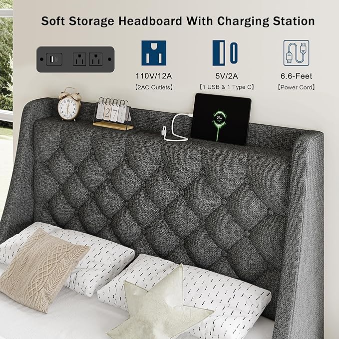 Twin Bed Frame with 4 Storage Drawers, Giant Upholstered Wingback Headboard, Fast Charging Station, No Box Spring Needed, Noise-Free, Dark Gray