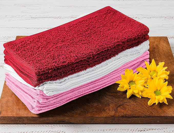 Towel and Linen Mart 100% Cotton - Wash Cloth Set - Flannel Face Cloths, Highly Absorbent and Soft Feel Fingertip Towels (Red, White & Pink, Pack of 12)