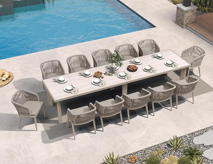 PURPLE LEAF 13 Pieces Outdoor Dining Set Patio Dining Furniture Set Aluminum Rattan Wicker Outdoor Dining Table and Chairs Set for 12 for Lawn Porch Deck Champagne