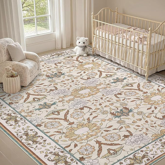 Nursery Rug 9x12 for Kids & Girls - Washable Vintage Large Floral Area Rugs - Ultra Thin Stain Resistant Non Slip Carpets for Kids Playroom, Living Room, Bedroom, Dining Room, Office - Floral