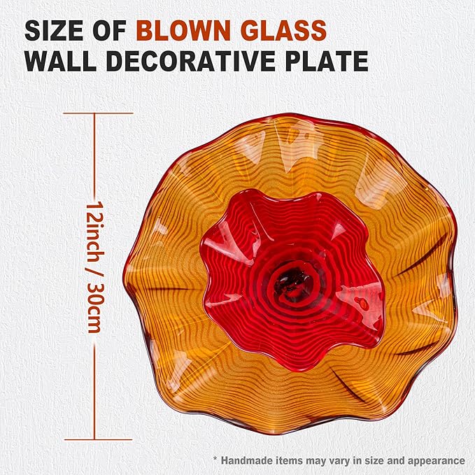 Hand Blown Glass Plate Wall Decor, Modern Unique Glass Wall Art, Lotus Leaf Wall Plate Shape Wall Sconce with Transparent and Easy to Clean for Staircase, Living Room, Kitchen, Hallway (Orange-1)