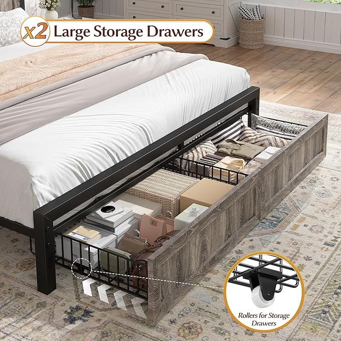 EnHomee Full Size Bed Frame with 2 Storage Drawers and Headboard Full Bed Frame with Built in Charging Station & LED Light,NO Noise,No Box Spring Needed,Light Grey