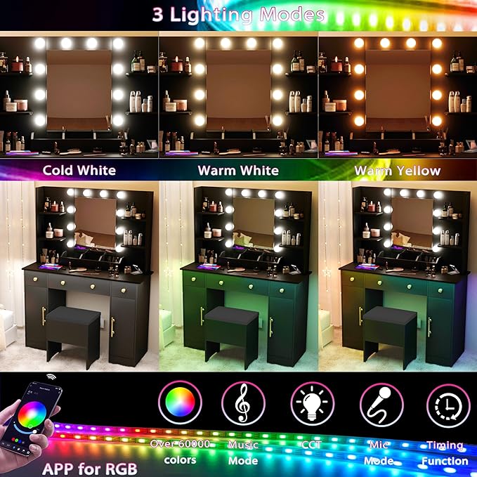 Vanity Desk with Mirror and Lights,Black Makeup Vanity with Charging Station & Vanity Stool, 3 Drawers and Cabinets White Vanity Mirror with RGB LED Lights Vanity Desk and Chair for Women