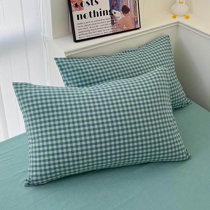 mixinni Dark Green Gingham Comforter Set Twin XL, Plaid Comforter Set 3 Pieces 1 Teal Grid Comfoter with 2 Pillow Cases for All Seasons, Soft Fluffy Modern Grid Pattern Printed Bedding-Twin XL Size