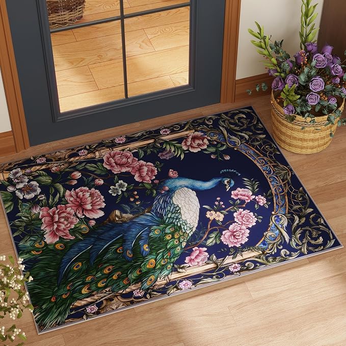 Door Mat Indoor Entrance 2x3 Rug Machine Washable Floral Peacock Animal Small Area Rug Non-Slip Low Pile Throw Rugs for Entryway, Kitchen, Front Door, Entry, Kids Room (Cobalt Blue)