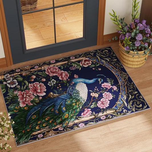 Door Mat Indoor Entrance 2x3 Rug Machine Washable Floral Peacock Animal Small Area Rug Non-Slip Low Pile Throw Rugs for Entryway, Kitchen, Front Door, Entry, Kids Room (Cobalt Blue)
