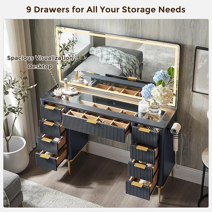 T4TREAM 48" Fluted Makeup Vanity Desk with 48" Large Mirror and HD LED Lights, Modern Vanity Table with 9 Drawers & Charging Station, Glass Top and Golden Handles Dressing Table for Bedroom,Dark Grey