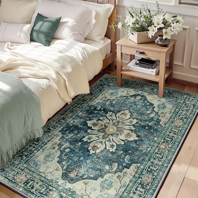 Area Rugs 3'x5' Washable Non-Slip, Floral Vintage Distress Print Pattern Medallion Carpet for Living Room Bedroom Dining Room, Dark Blue Vintage