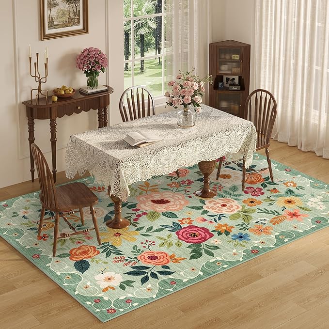 DUKINO 5x7 Area Rug, Floral Rugs for Living Room, Lightweight Non Slip Washable Rug, Indoor Low Pile & Non-Shedding Boho Design Rugs for Bedroom, Living Room, Dining Room, Green
