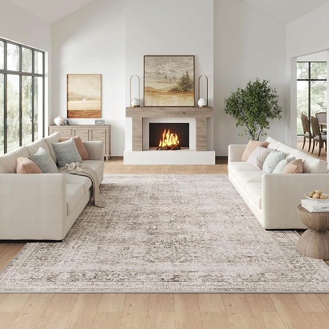 FMFUNCTEX 6x9 Washable Area Rug Beige Vintage Neutral Distressed Large Non Slip Carpet for Living Room Bedroom Soft Low Pile Indoor Mat Retro Floral Throw Rug for Dining Room Kitchen Office Nursery