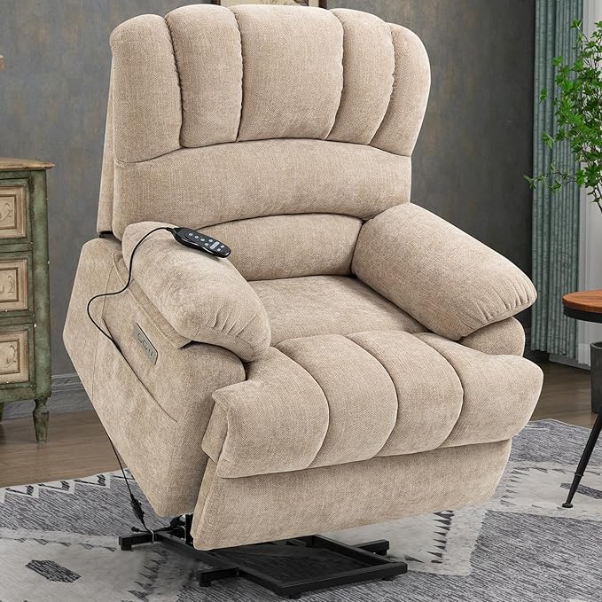 Large Recliner with Massage & Heat, Power Lift Chairs for Elderly, Beige Plush Recliner, 23" Seat Width, Extra Wide Reclinning for Seniors W/USB and Type-C Ports