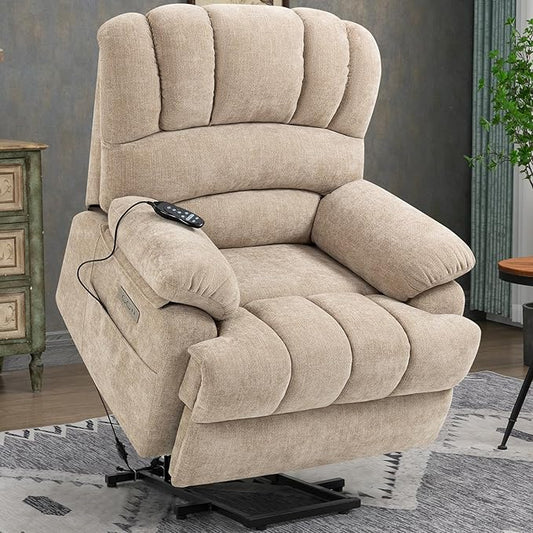 Large Recliner with Massage & Heat, Power Lift Chairs for Elderly, Beige Plush Recliner, 23" Seat Width, Extra Wide Reclinning for Seniors W/USB and Type-C Ports