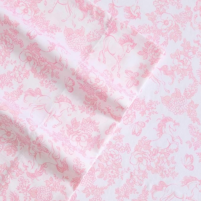Laura Ashley Kids - Full Sheet Set, Soft & Wrinkle-Resistant Toddler Bedding Set, Deep Pockets, Girl Bed Sheets with Matching Fitted Sheet & Pillowcases (Toile Unicorn Pink)