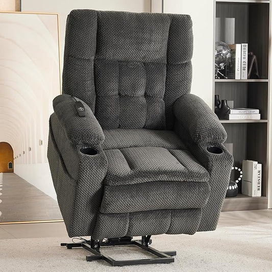 SALOHZA Power Lift Recliner Chair for Elderly with Massage and Heat for Living Room, Electric Recliner Chair for Adults with USB/Type C Port/Cup Holders, Velvet Fabric, Dark Gray