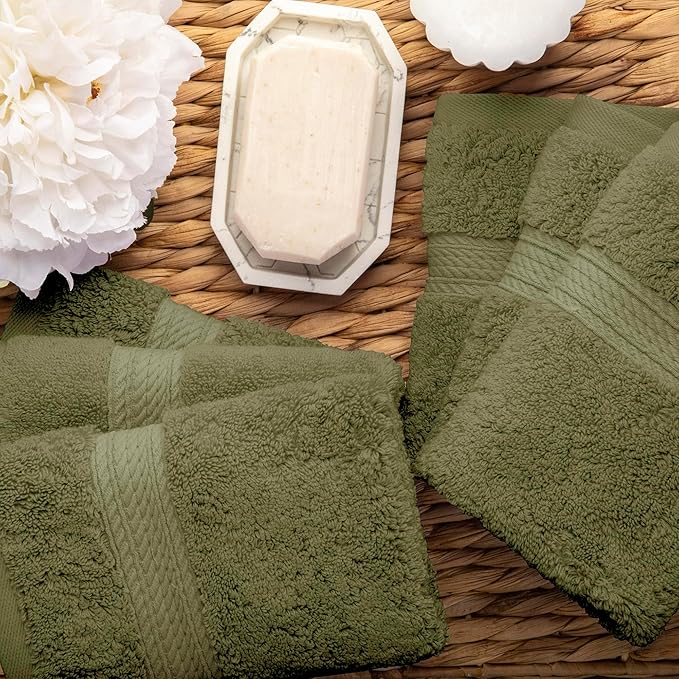 Superior Egyptian Cotton Pile Face Towel/Washcloth Set of 6, Ultra Soft Luxury Towels, Thick Plush Essentials, Absorbent Heavyweight, Guest Bath, Hotel, Spa, Home Bathroom, Shower Basics, Forest Green