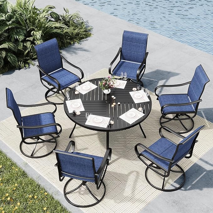MFSTUDIO Patio Dining Set for 6, Round Patio Table and Chairs Set with Umbrella Hole, 7 Piece Outdoor Dining Set for Deck, Backyard, Poolside & Garden