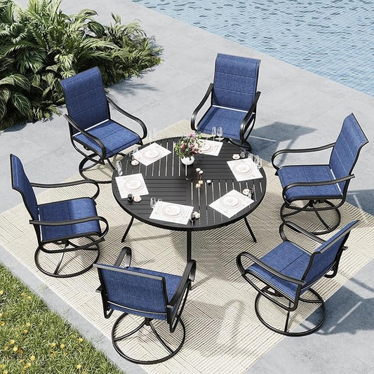 MFSTUDIO Patio Dining Set for 6, Round Patio Table and Chairs Set with Umbrella Hole, 7 Piece Outdoor Dining Set for Deck, Backyard, Poolside & Garden
