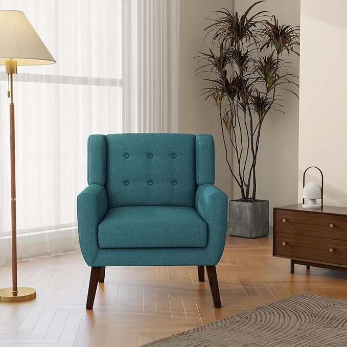 Accent Chair, Mid-Century Modern Fabric Chairs with Arms for Living Room, Comfy Upholstered Club Single Sofa Armchair for Bedroom Waiting Room with Solid Wood Frame (Fabric Turquoise, Set of 2)