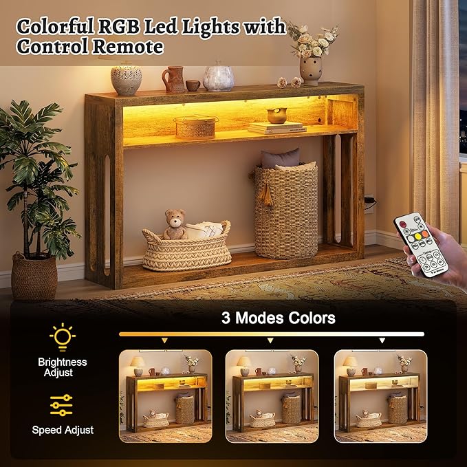 FAVOOSTY Farmhouse Console Table with Storage, 47" Entryway Console Table with Led Light, 2-Tier Entryway Table Sofa Table Behind Couch Table Hallway Stand for Living Room,Foyer,Entrance Brown
