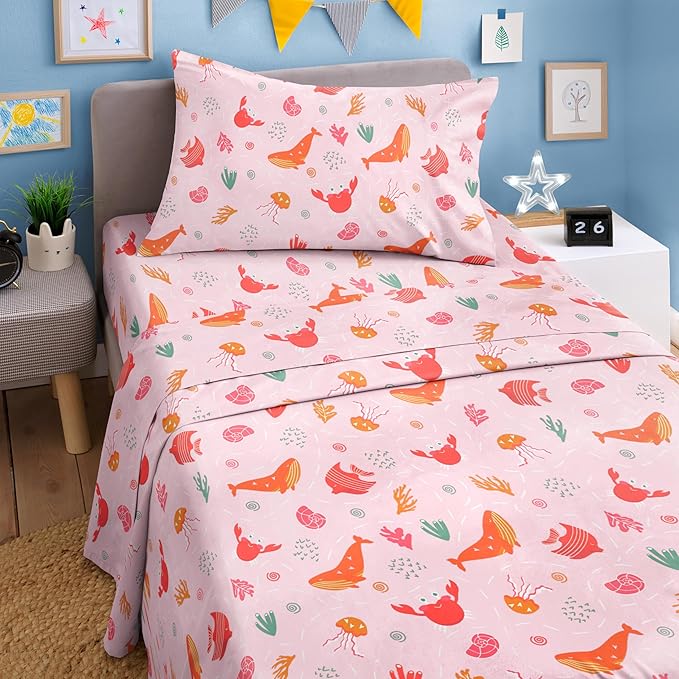 Kids Pink Fish Queen 4 Piece Sheet Set - Boys, Girls, Teens, Toddler - Easy Fit Deep Pockets - Breathable, Hotel Quality Kids Sheets - Machine Washable - Wrinkle Free - Cute, Cozy, Soft - CGK Linens