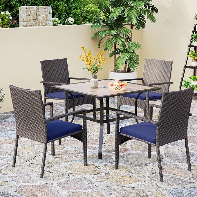 PHI VILLA 5 Piece Outdoor Dining Table Set for 4, 37" Wood Top Metal Dining Table with Umbrella Hole & 4 Cushioned Rattan Chairs for Patio, Deck, Porch, Yard