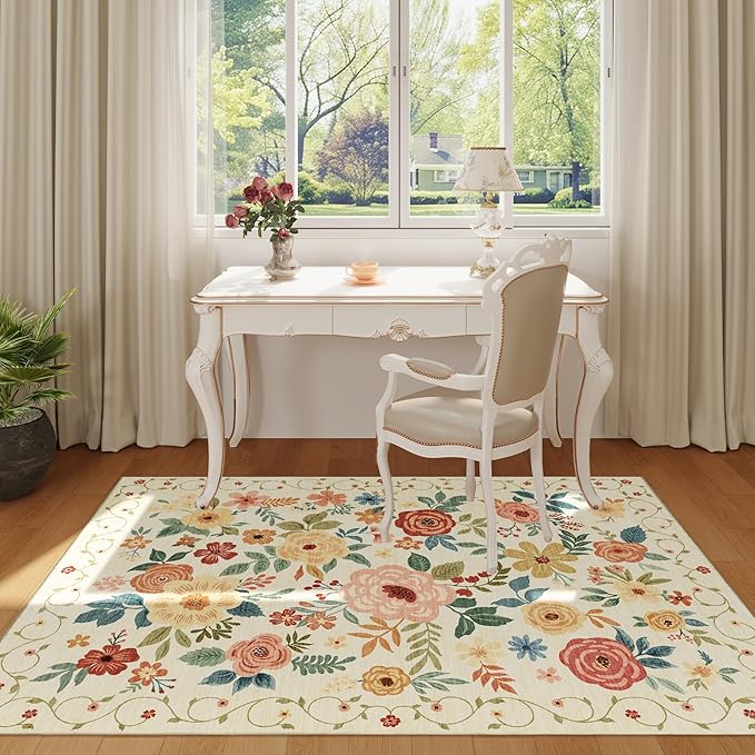 DUKINO 4x6 Area Rug, Lightweight Non Slip Washable Floral Rug, Indoor Low Pile & Non-Shedding Boho Design Rugs for Bedroom, Living Room, Dining Room, Beige Yellow
