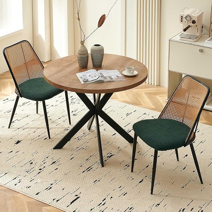 Rattan Chairs Green Set of 2, Woven Cane Dining Chairs Upholstered Boucle Stylish Cozy Kitchen Accent Chairs Armless