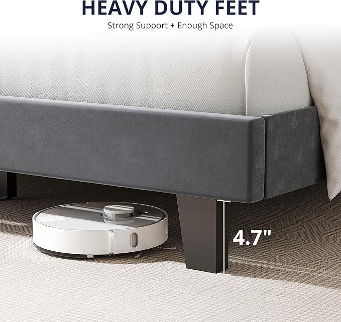 Cozy Castle King Size Bed Frame, Upholstered Platform Bed with Velvet Adjustable Curved Headboard, Mattress Foundation with Strong Wooden Slats, No Box Spring Needed, Easy Assembly, Gray